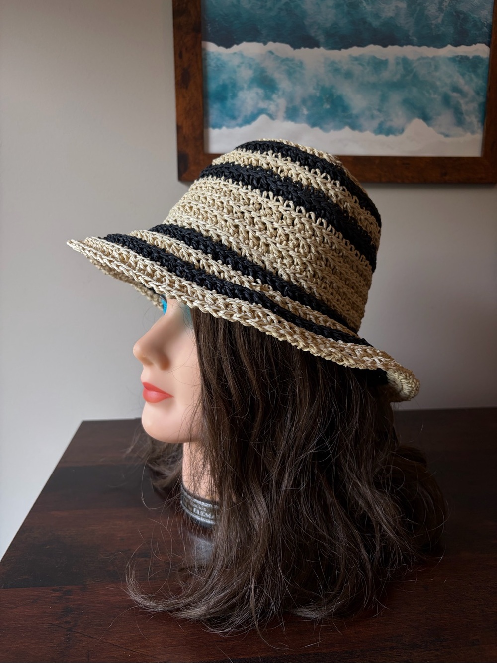 New Marcus Adler Raffia Sun Hat in Natural and Black Stripes